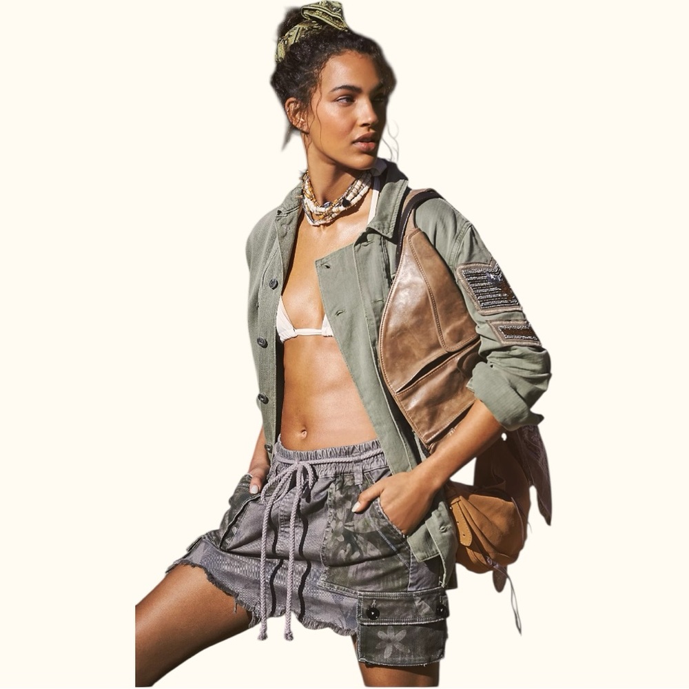FREE PEOPLE Embellished Military Shirt Jacket Olive Green Women’s Small